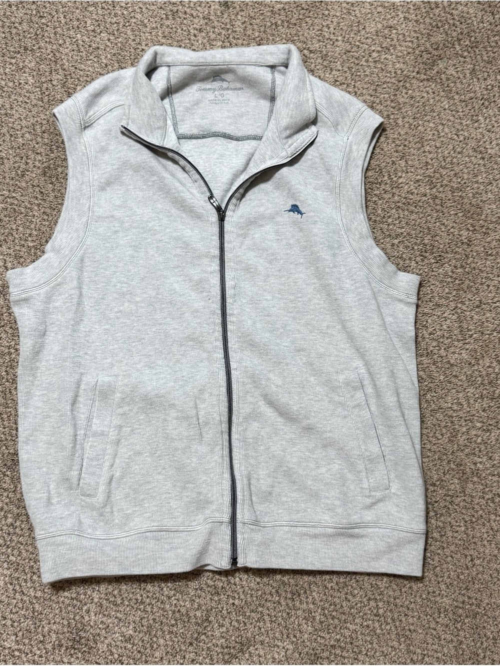 Tommy Bahama Gray Sleeveless Zip Vest with Navy Logo